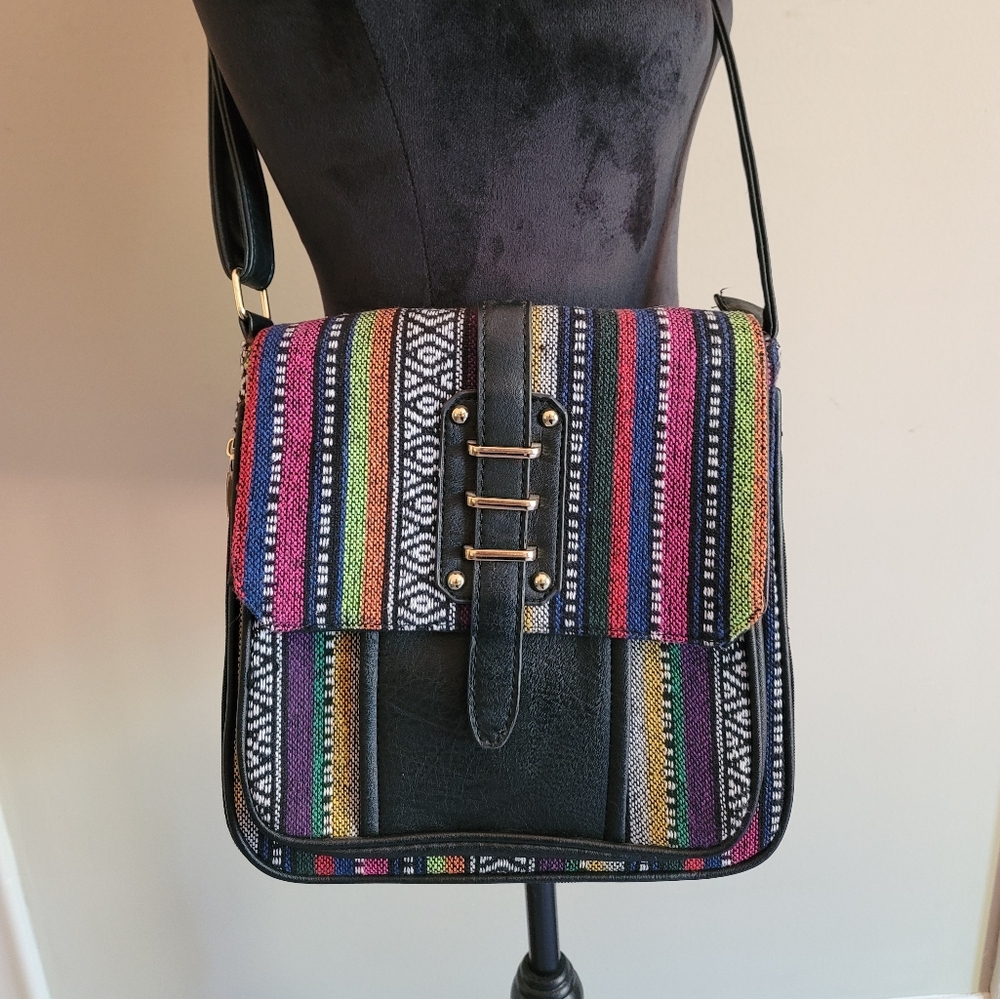 Fabric Stripe Southwest Aztec Vegan Leather Crossbody Woven Textured Boho Bag
